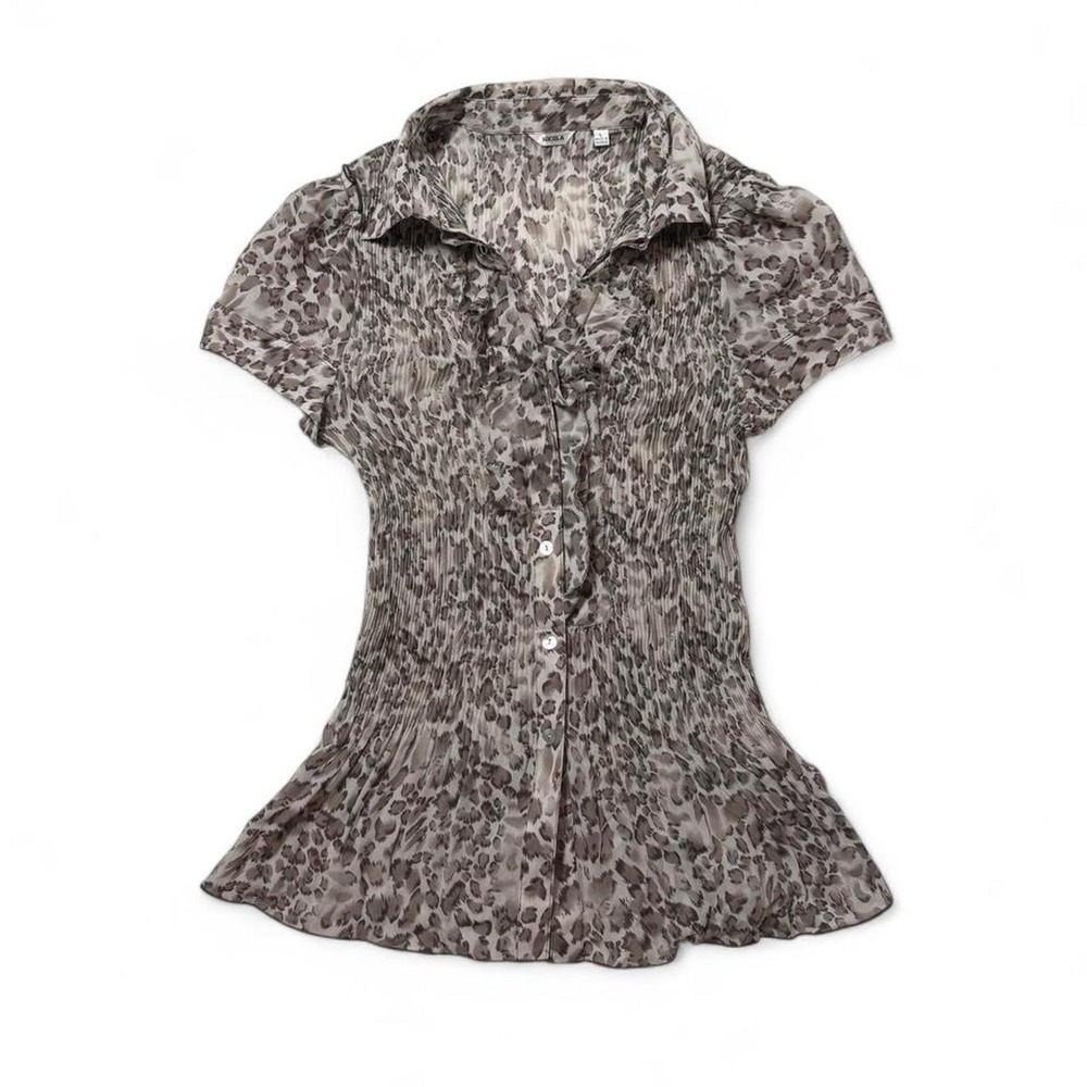 VTG 90s Nicola Grey Snow Leopard Plisse Ruffle Cap Sleeve Blouse